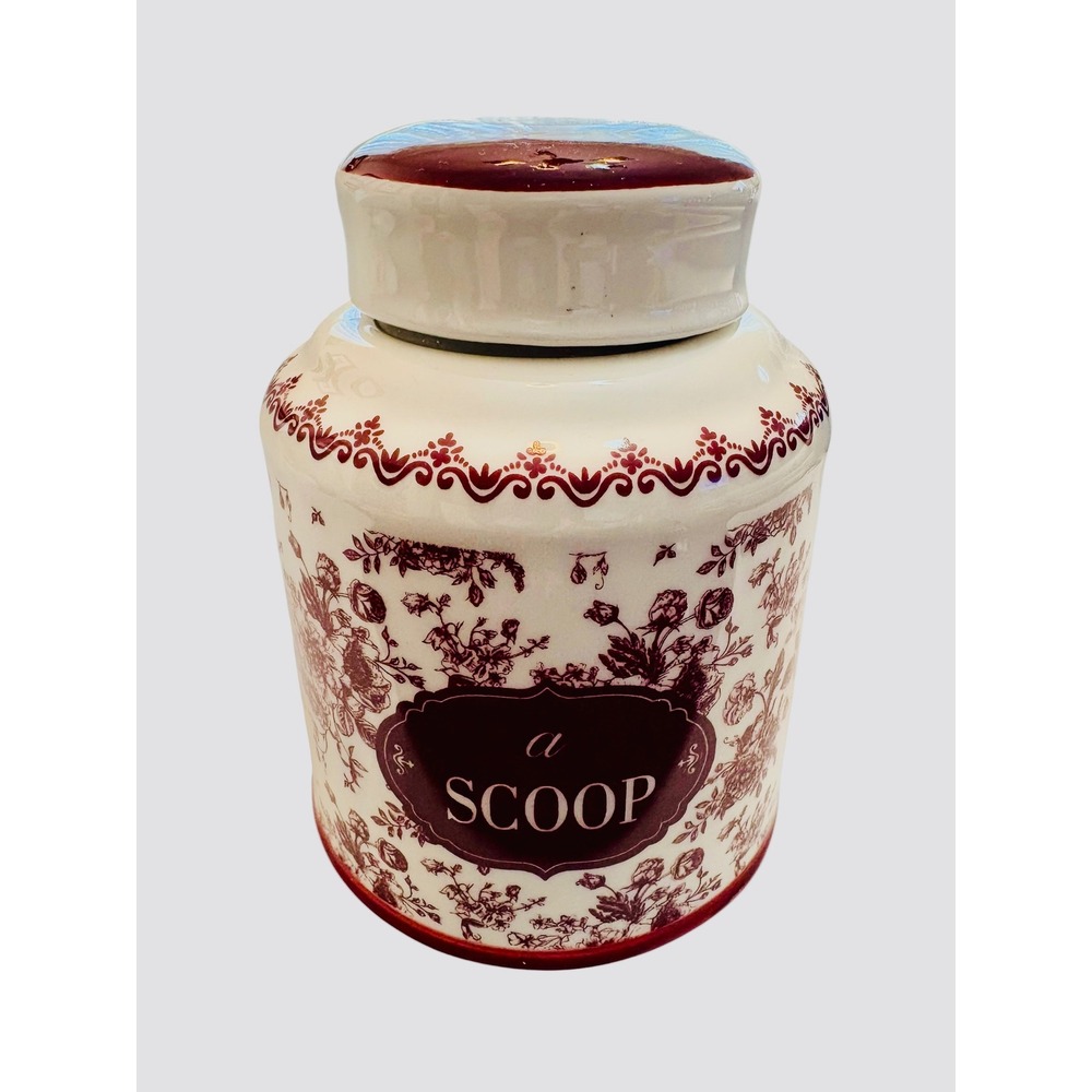 Vintage Style Ceramic Floral Toile Kitchen Canister a SCOOP Burgundy White Jar